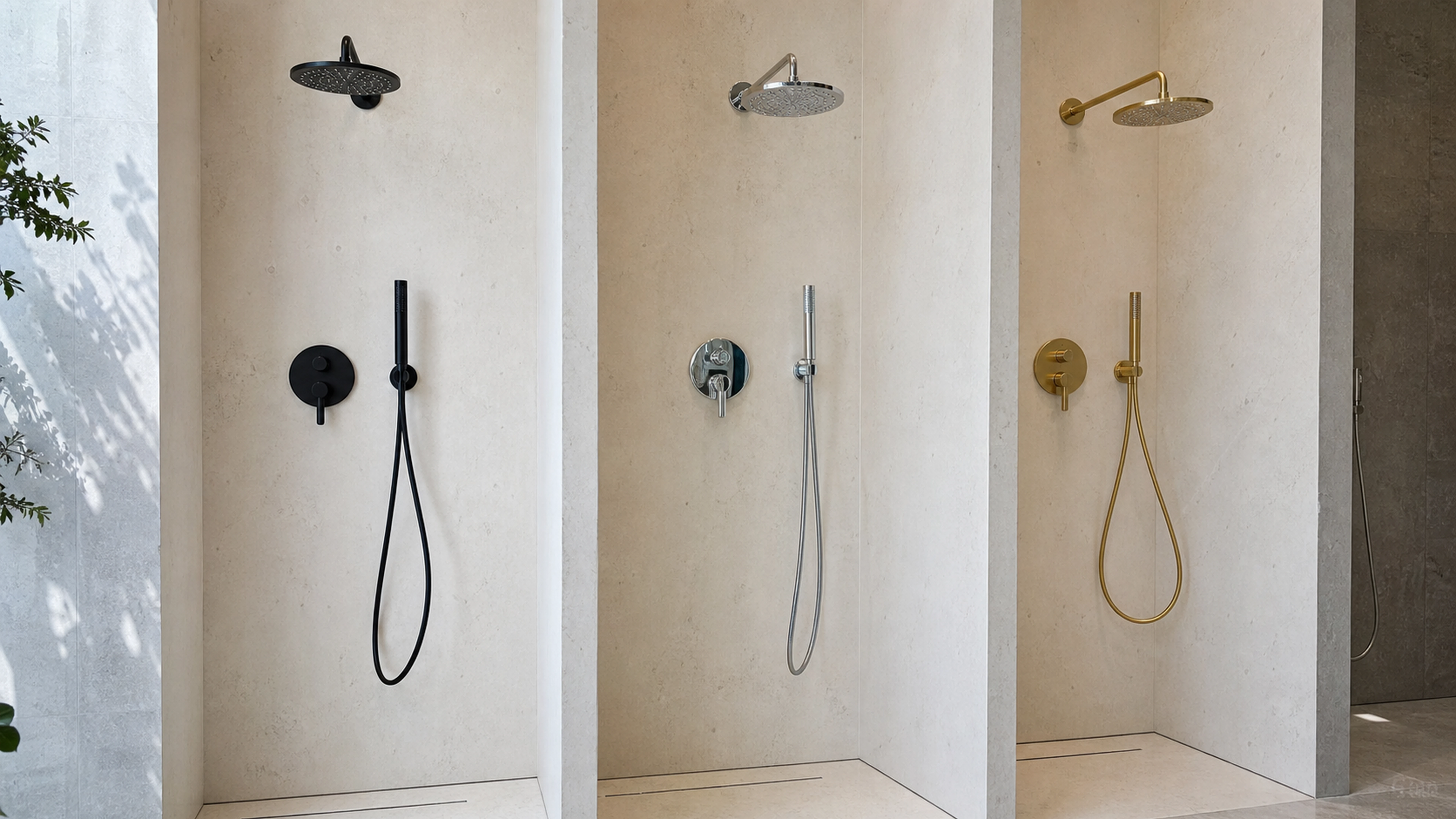 Trois ensembles de douche encastrés noir mat, chrome et or brossé
