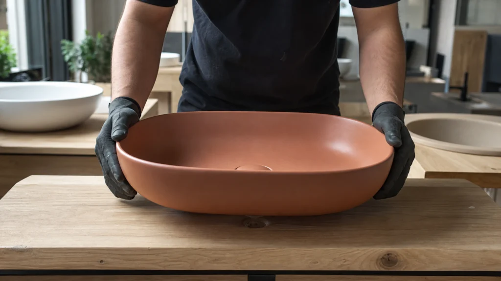Pose d’une vasque ovale en céramique sur un meuble de salle de bains