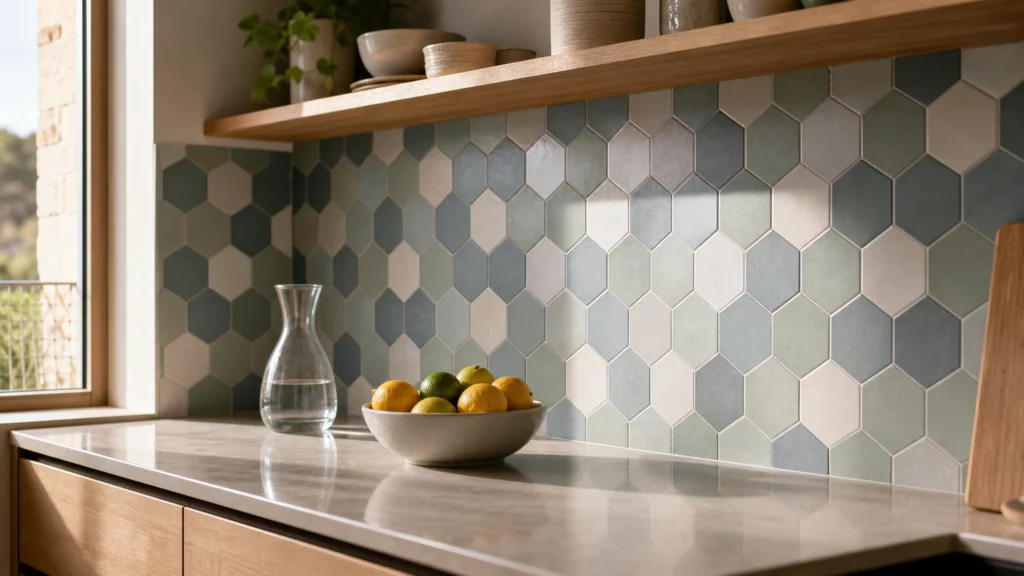 Crédence de cuisine en carreaux hexagonaux mats bleu gris et ivoire