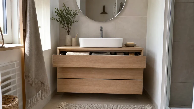 Meuble vasque suspendu en bois avec trois tiroirs dans une salle de bain lumineuse