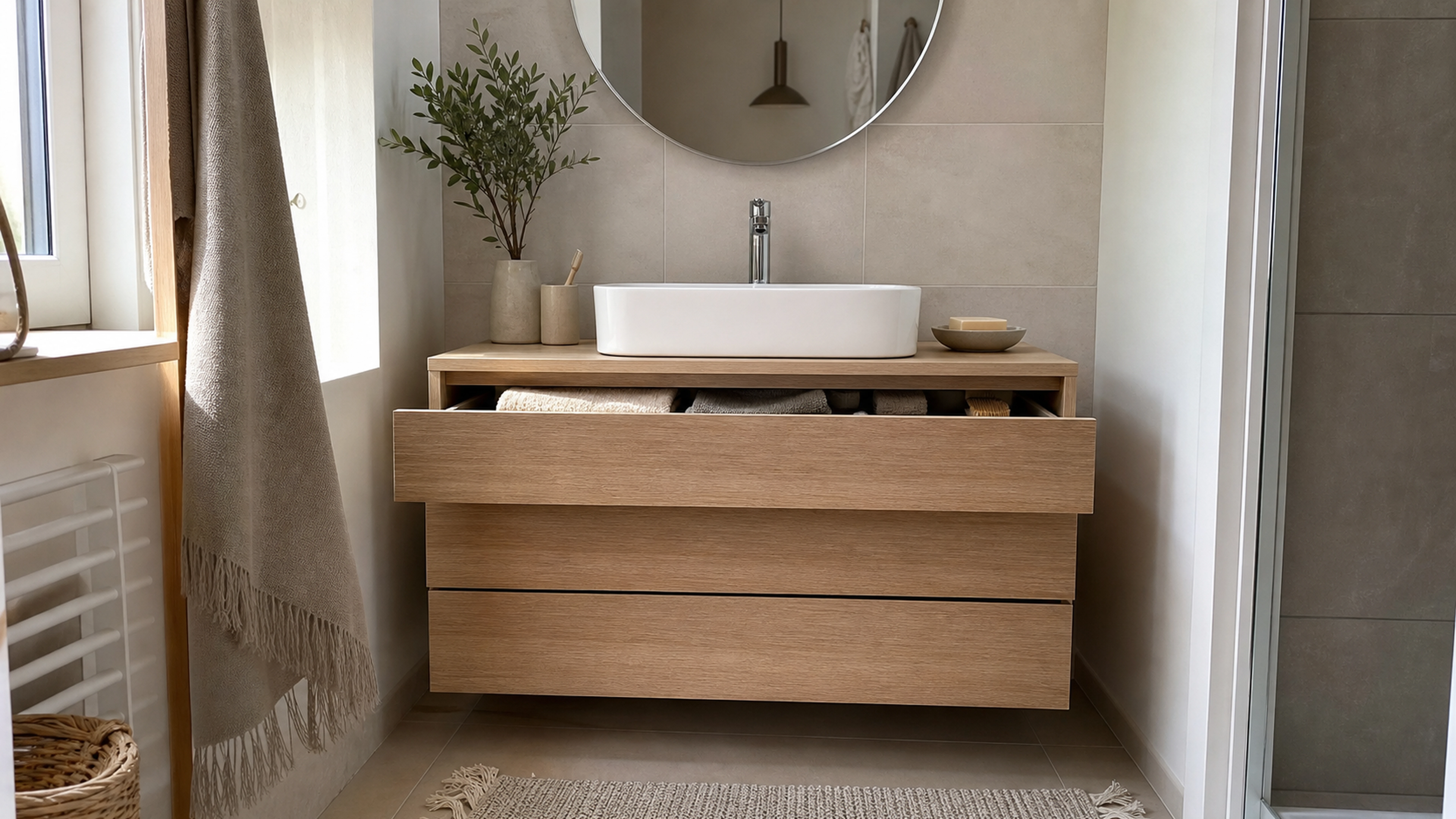 Meuble vasque suspendu en bois avec trois tiroirs dans une salle de bain lumineuse