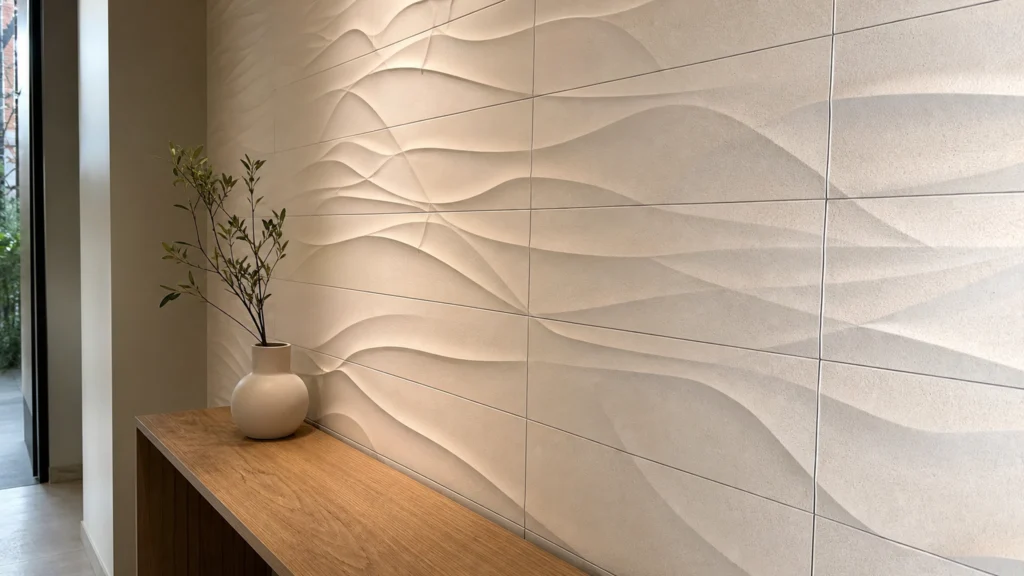 Mur intérieur en carrelage décoratif 3D éclairé par une lumière naturelle rasante