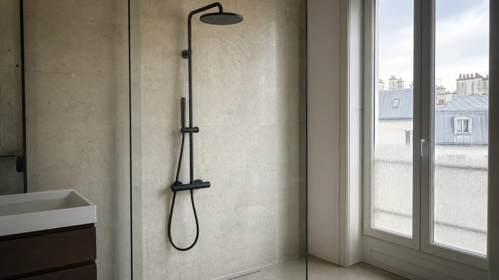 Colonne de douche noire moderne dans une salle de bain parisienne en pierre claire