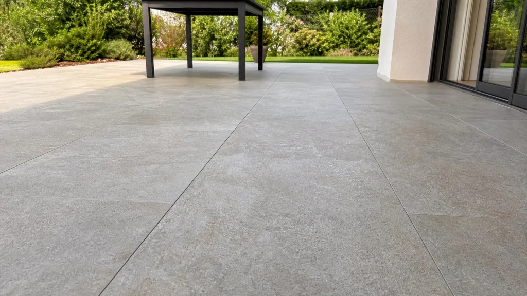 Terrasse contemporaine en carrelage extérieur effet pierre