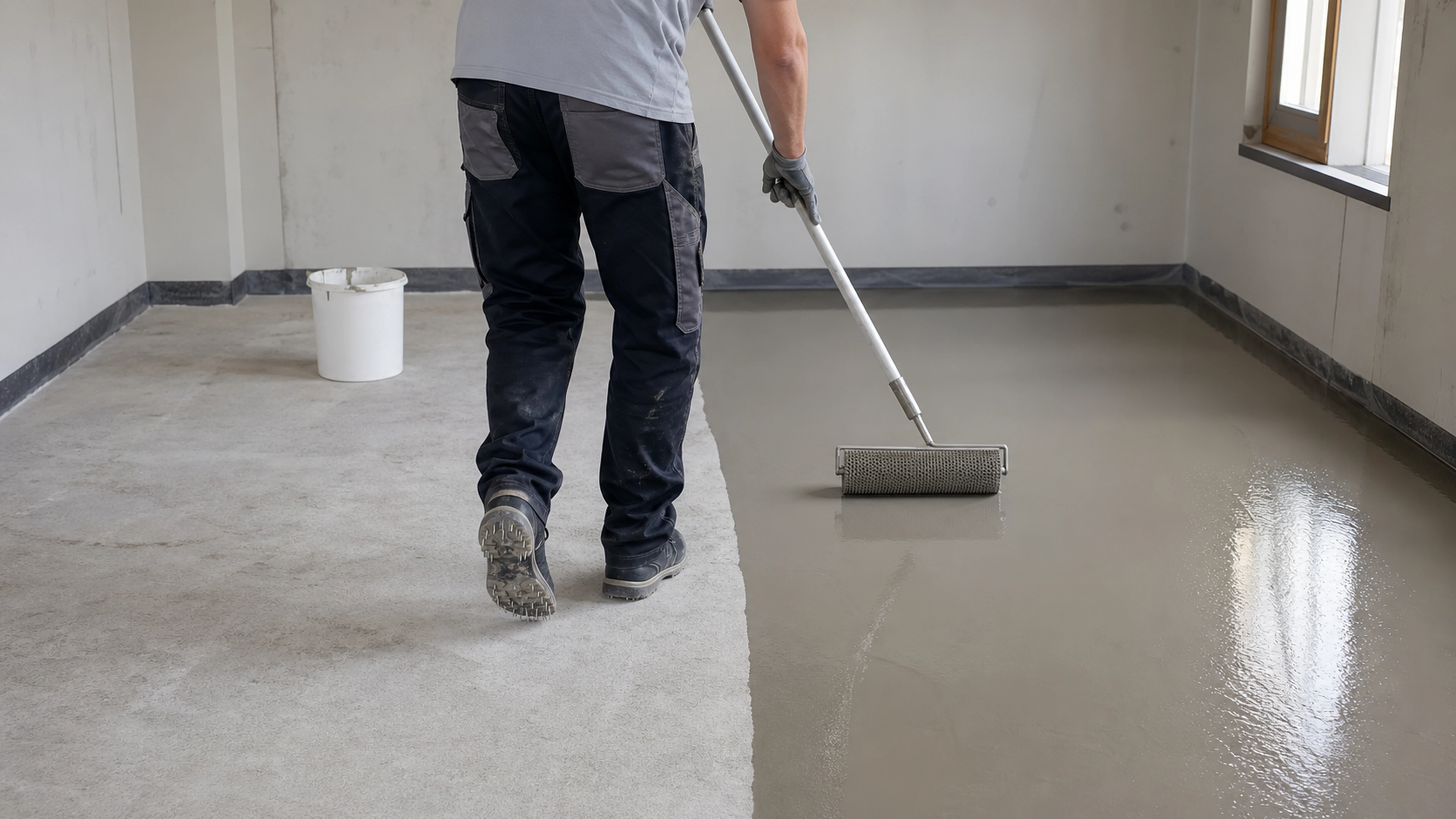 Artisan appliquant un ragréage autonivelant sur un sol intérieur