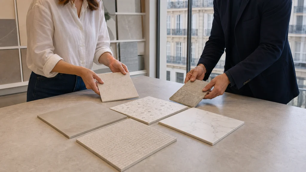 Choix d’échantillons de carrelage dans un showroom à Paris