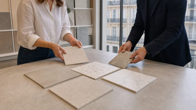 Choix d’échantillons de carrelage dans un showroom à Paris