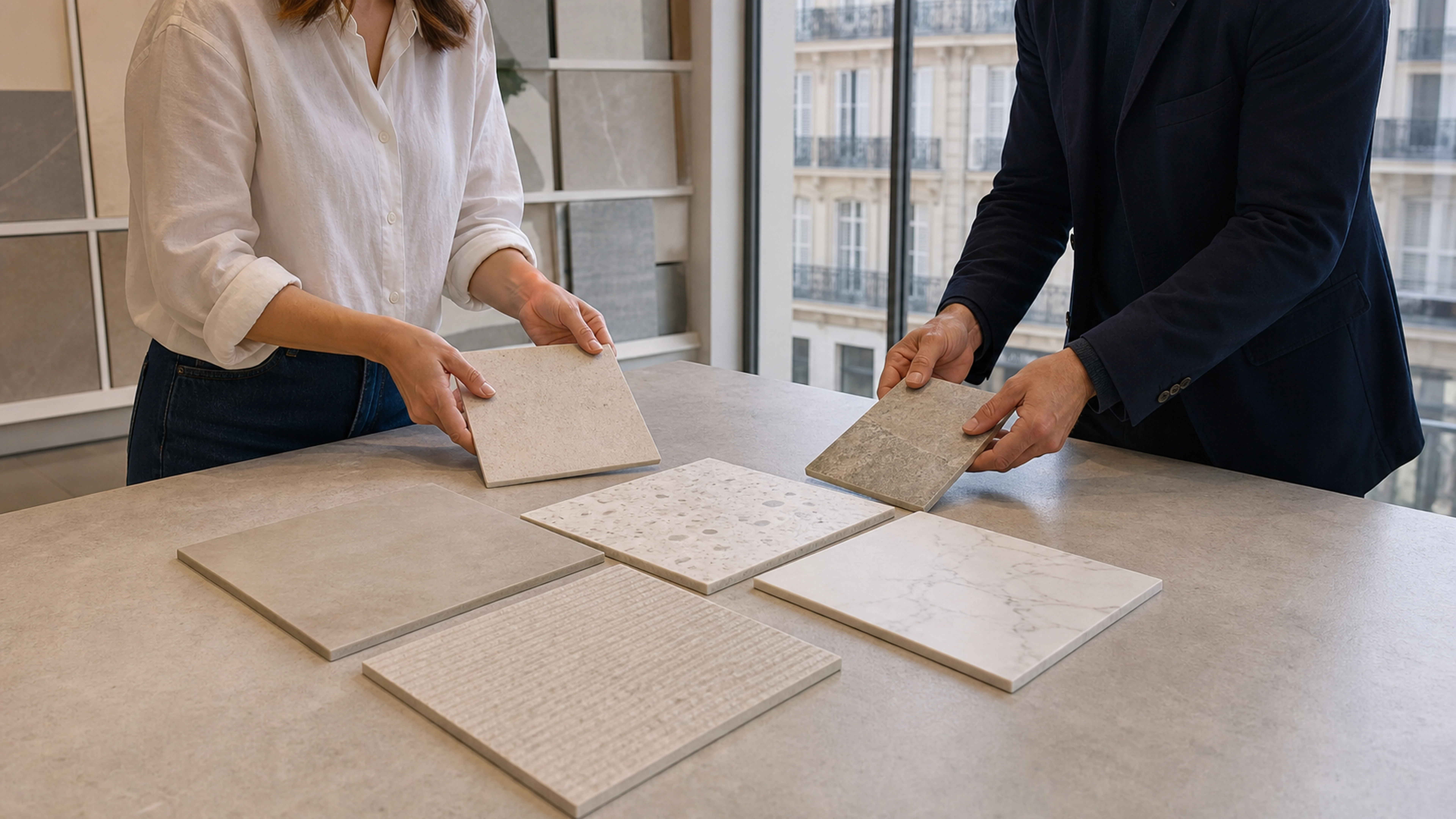 Choix d’échantillons de carrelage dans un showroom à Paris