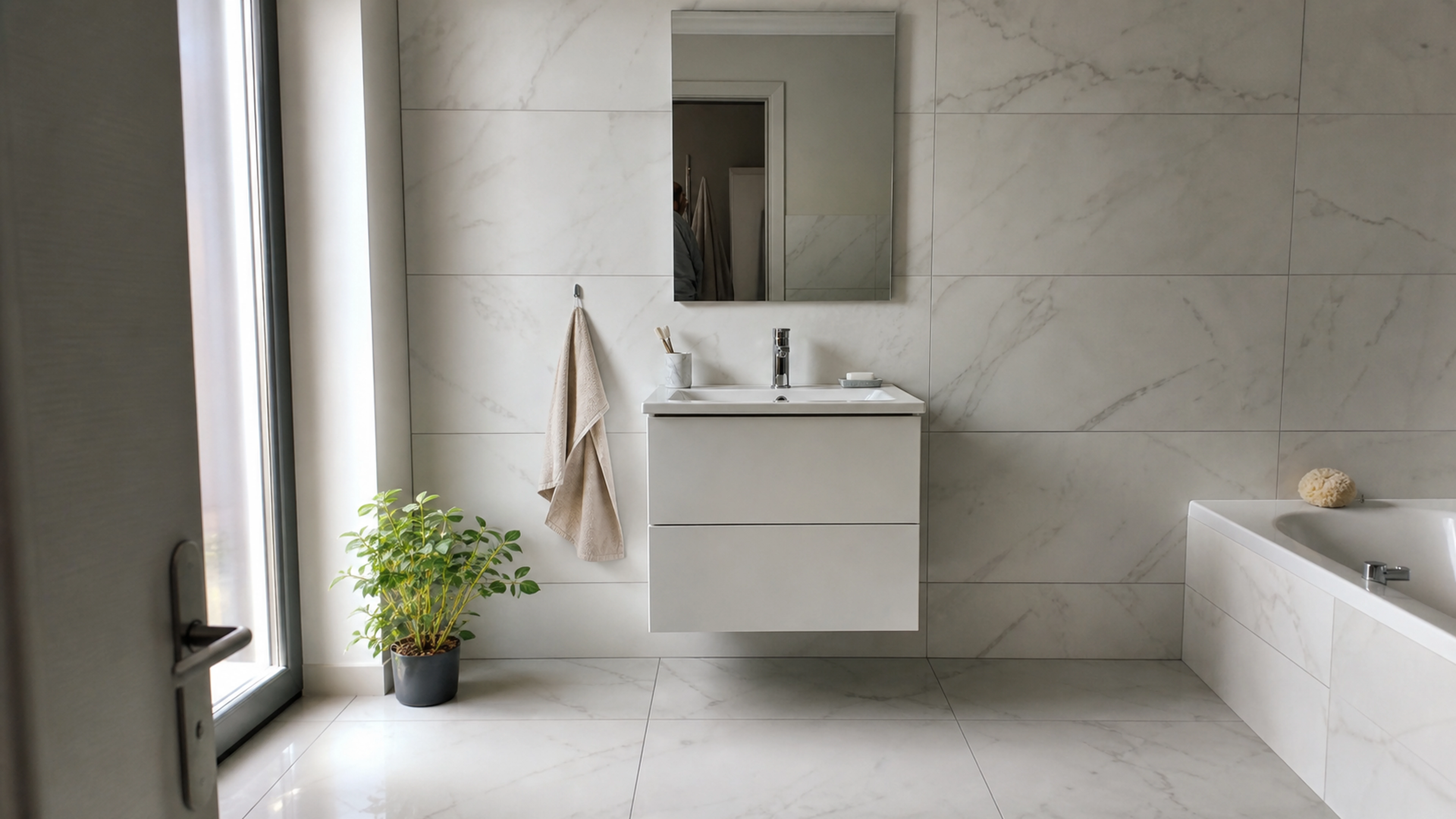 Salle de bains en carrelage grand format effet marbre blanc