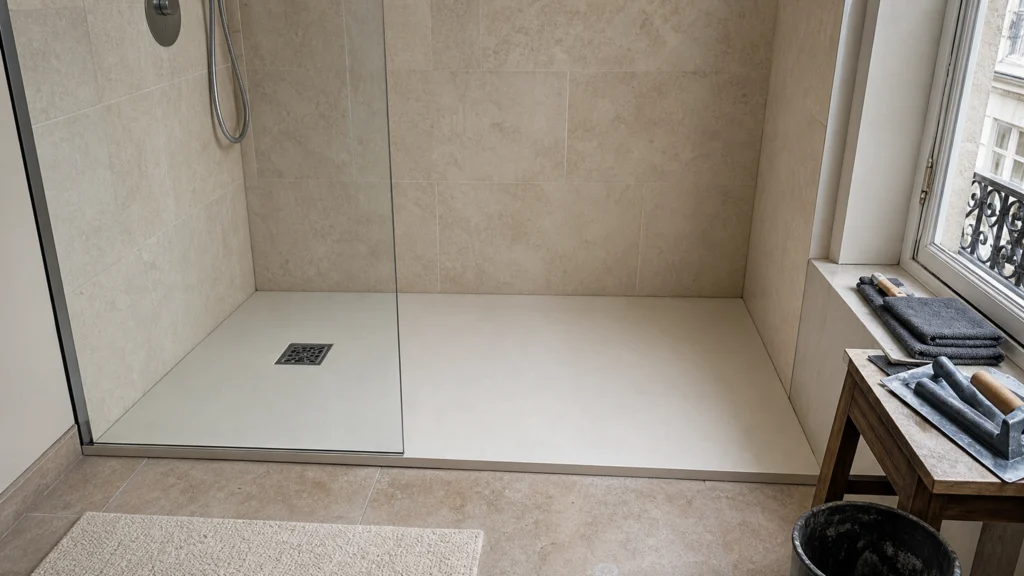 Receveur de douche extra-plat dans une salle de bain parisienne en rénovation