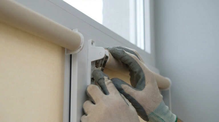 Des mains gantées retirent délicatement un store enrouleur beige de son support blanc fixé à la fenêtre.