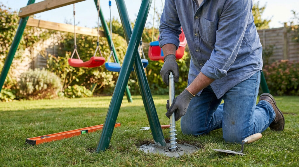 Un homme fixe solidement une balançoire de jardin au sol avec une vis d'ancrage et du ciment, assurant sa stabilité.