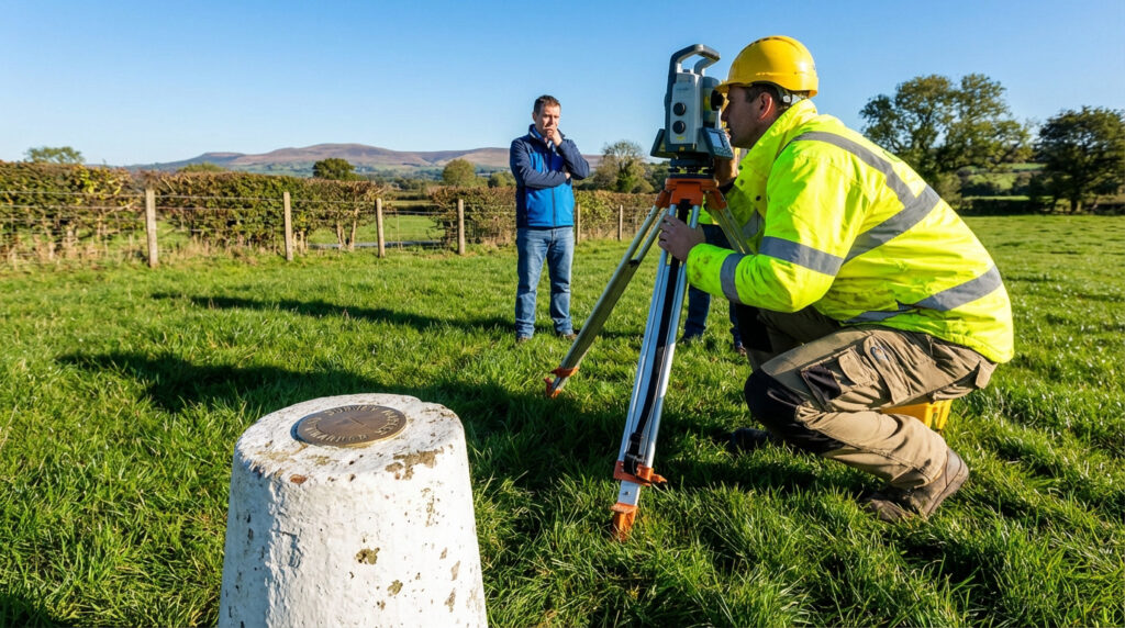 Un géomètre expert en gilet jaune utilise un théodolite près d'une borne dans un champ, supervisé par un client.
