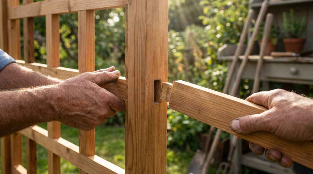 Mains assemblant deux pièces de bois par tenon-mortaise pour un treillage, avec un fond de jardin ensoleillé.