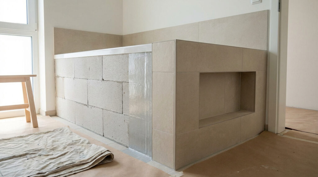 Vue d'une baignoire en béton cellulaire en cours de construction dans une salle de bain. Blocs nus, imperméabilisation et carrelage beige.
