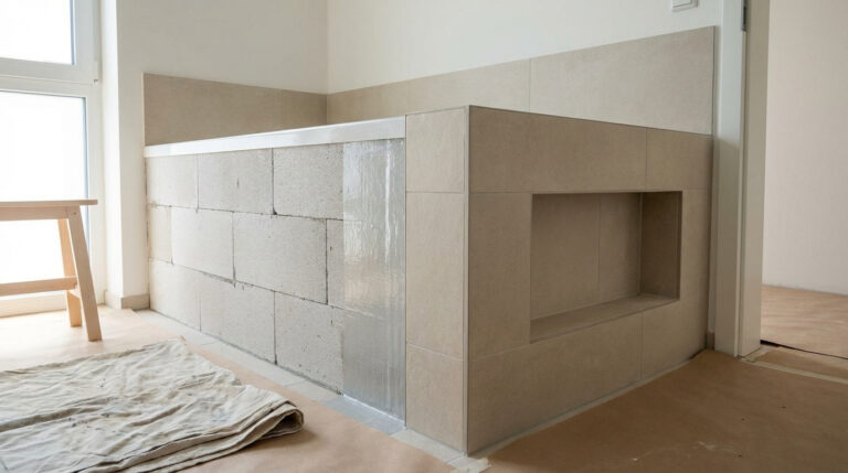 Vue d'une baignoire en béton cellulaire en cours de construction dans une salle de bain. Blocs nus, imperméabilisation et carrelage beige.