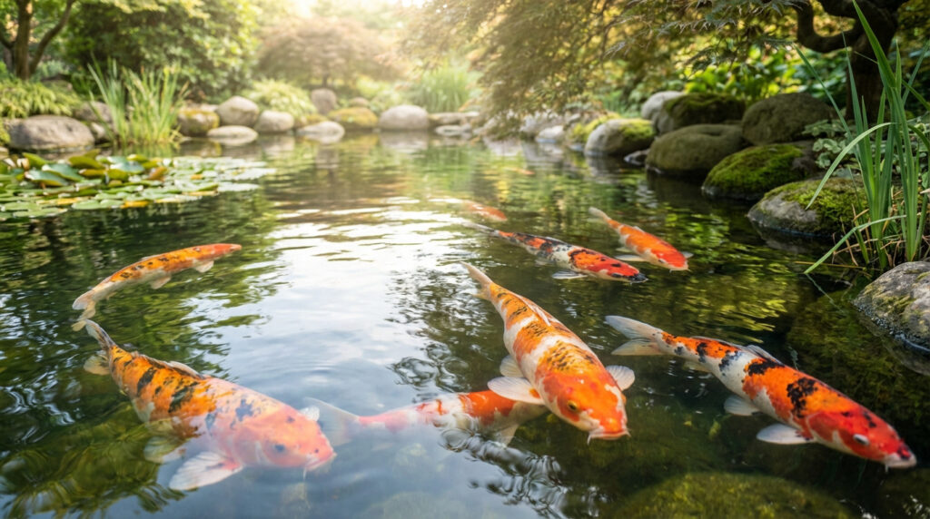 Plusieurs carpes Koï colorées (orange, blanc, noir) nagent dans un bassin verdoyant avec des nénuphars et des rochers moussus.