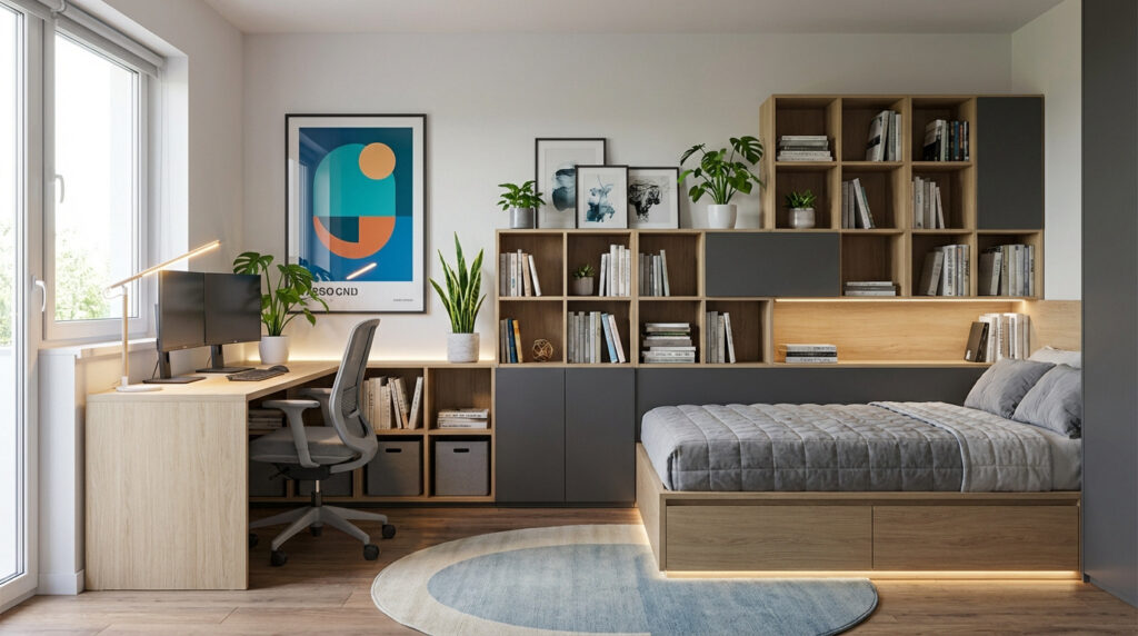 Chambre ado moderne avec mobilier intégré en bois clair et gris foncé. Comprend un bureau, un lit plateforme et des étagères murales. Des plantes et un tapis rond décorent l'espace.