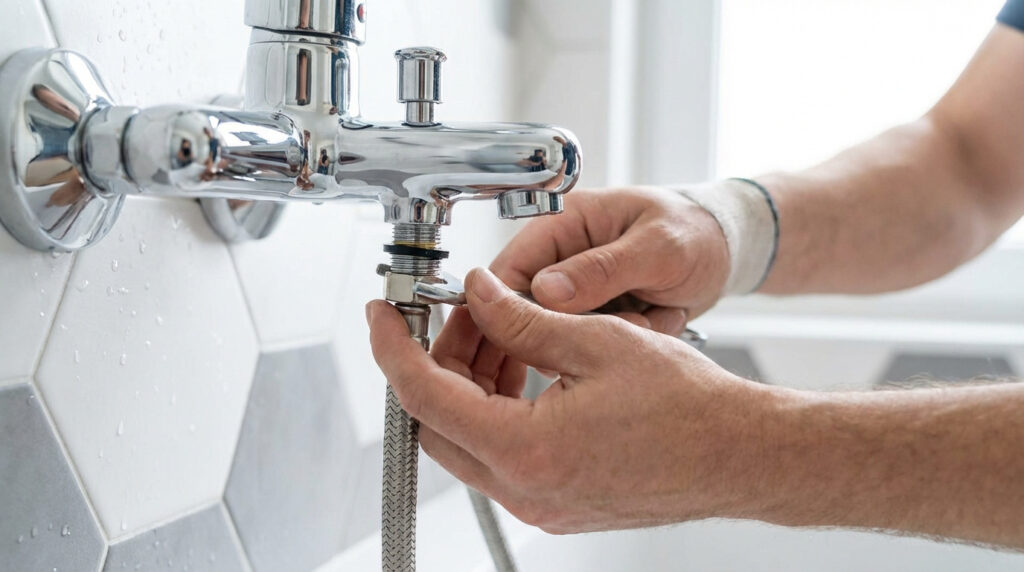 Mains serrant un flexible de douchette à un robinet de salle de bain avec une clé. Carrelage hexagonal et gouttes d'eau visibles.