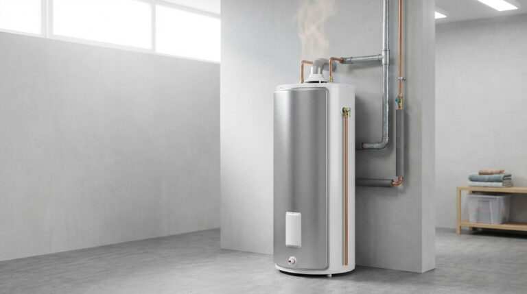 Un chauffe-eau moderne blanc et acier inoxydable avec de la vapeur s'échappant de son sommet, raccordé à des tuyaux dans une pièce épurée.