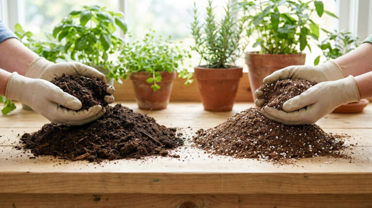 Comparaison de compost (gauche) et terreau (droite) tenus par des mains gantées sur une table. Plantes en pot derrière.