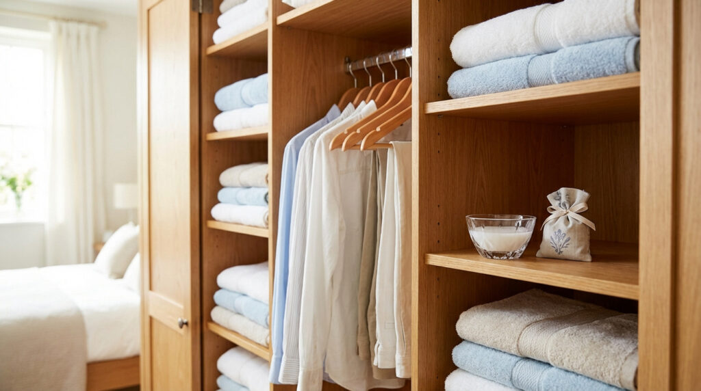 Placard en bois clair bien organisé, rempli de serviettes pliées (blanches, bleues, beiges) et de vêtements suspendus. Un sachet parfumé et un bol de cire sont visibles.
