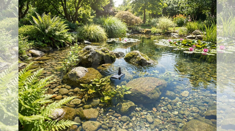 Vue d'un bassin de jardin naturel avec une pompe immergée créant des ondulations, des nénuphars et une végétation luxuriante.