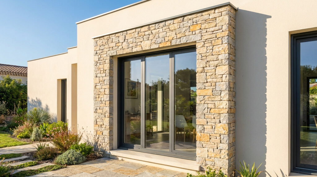 Façade moderne avec baie vitrée encadrée de pierre de parement beige. Jardin fleuri et ciel bleu en arrière-plan. Maison contemporaine.