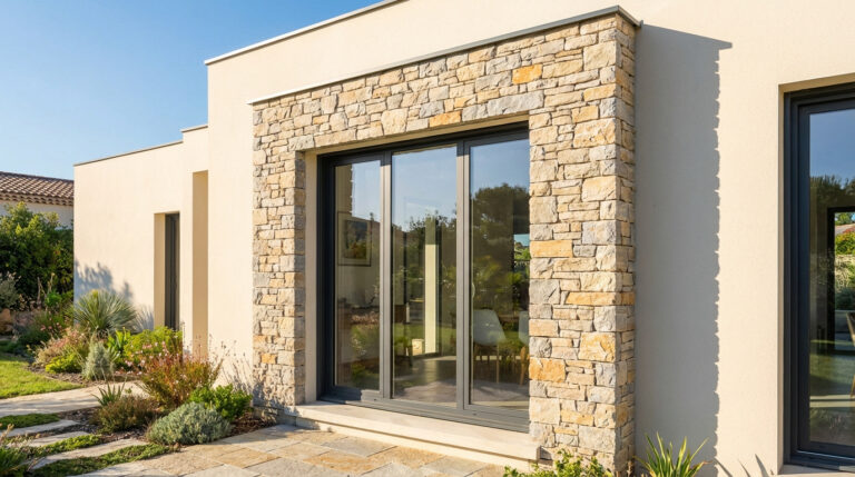 Façade moderne avec baie vitrée encadrée de pierre de parement beige. Jardin fleuri et ciel bleu en arrière-plan. Maison contemporaine.