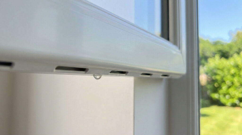 Gros plan d'une fenêtre PVC blanche avec des trous de drainage et une goutte d'eau pendante. Un jardin vert est visible en arrière-plan.