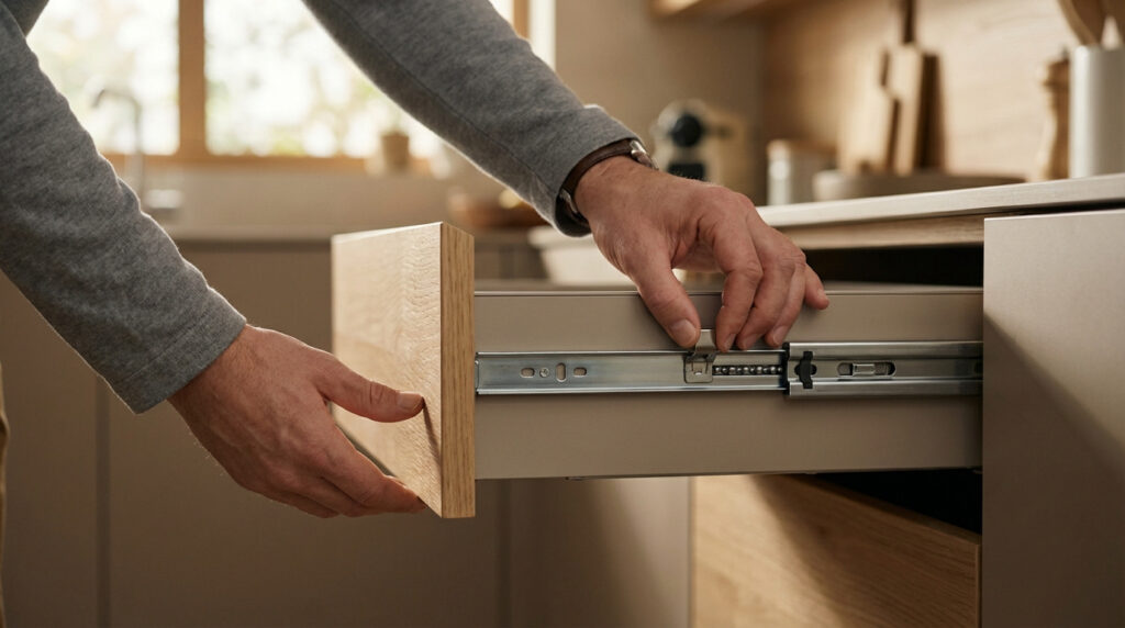 Main d'une personne démontant un tiroir de cuisine. Elle appuie sur le mécanisme de verrouillage des coulisses métalliques.
