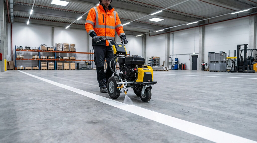 Ouvrier en EPI traçant une ligne blanche au sol d'entrepôt avec une machine de marquage professionnelle, pour une signalisation durable.