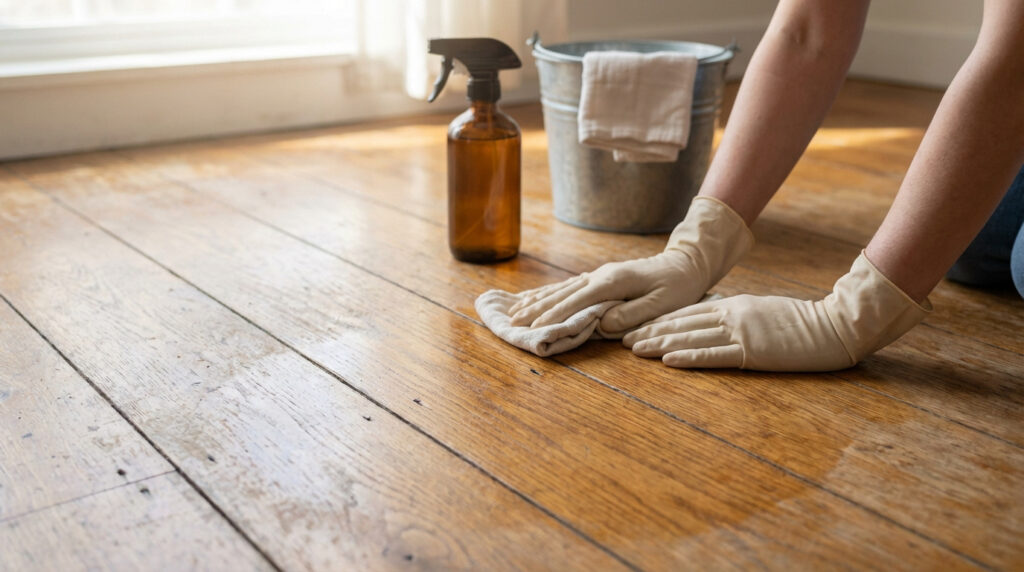 Personne gantée nettoyant un plancher en bois ancien avec un chiffon et un produit, à côté d'un seau et d'un vaporisateur.
