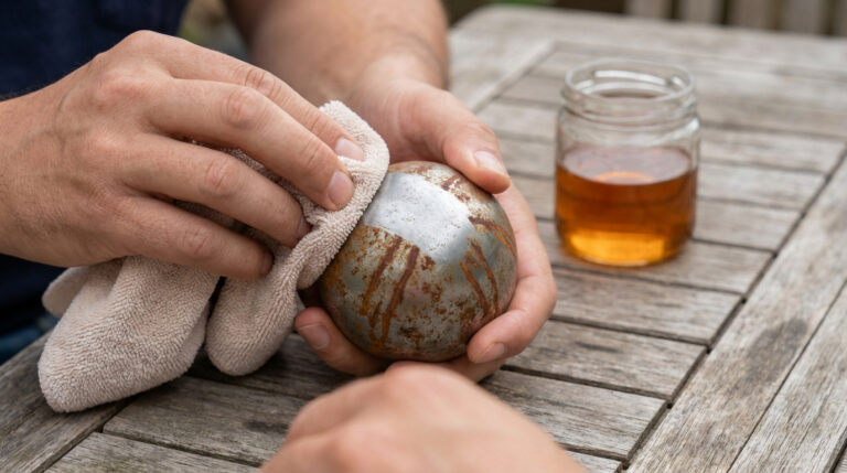 Mains frottant une boule de pétanque rouillée avec un chiffon beige, un pot de liquide ambré sur une table en bois.