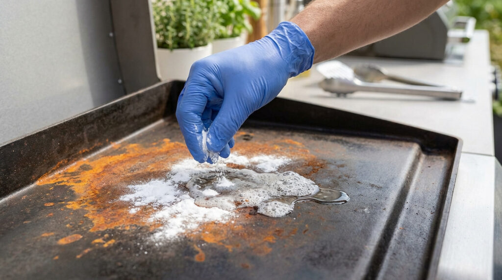 Une main gantée de bleu saupoudre de la poudre blanche sur une plancha rouillée avec une réaction effervescente pour la nettoyer.