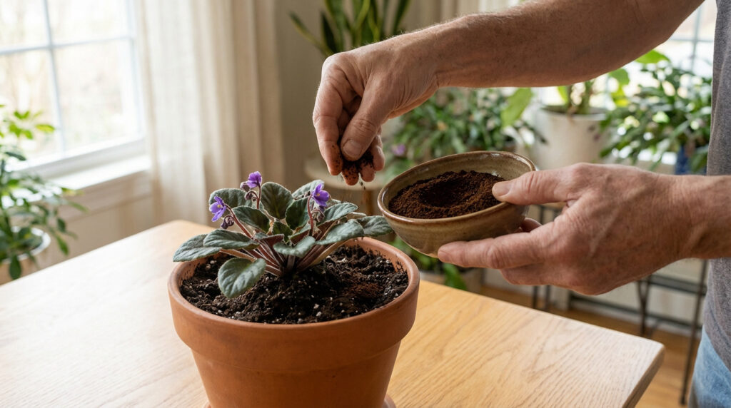 Main saupoudrant du marc de café d'un bol sur la terre d'un pot de violette africaine, près d'une fenêtre lumineuse.