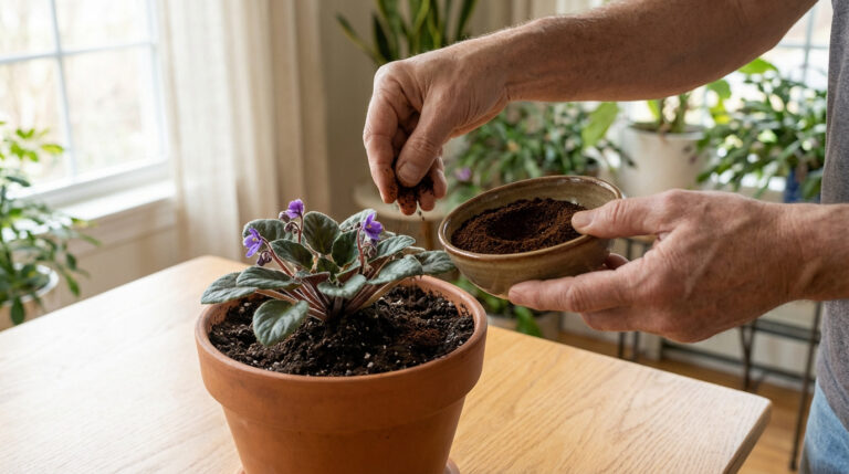 Main saupoudrant du marc de café d'un bol sur la terre d'un pot de violette africaine, près d'une fenêtre lumineuse.