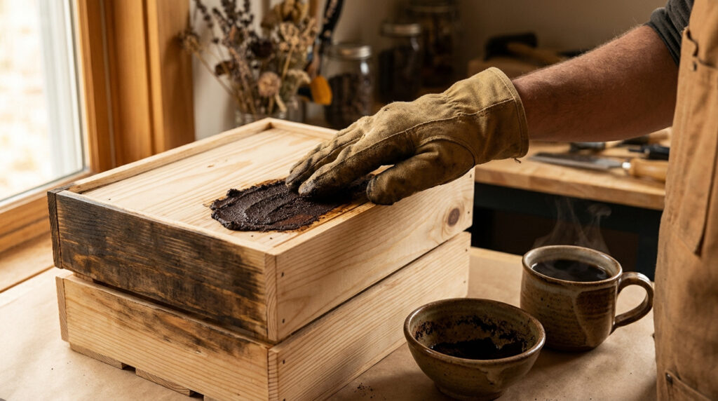 Main gantée appliquant du marc de café sur une caisse en bois pour la teinter, avec une tasse de café fumant à côté.