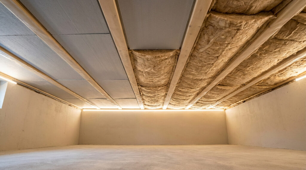 Vue d'un plafond de cave en cours d'isolation, avec des panneaux gris et de la laine minérale entre des chevrons en bois, éclairé par un bandeau LED.