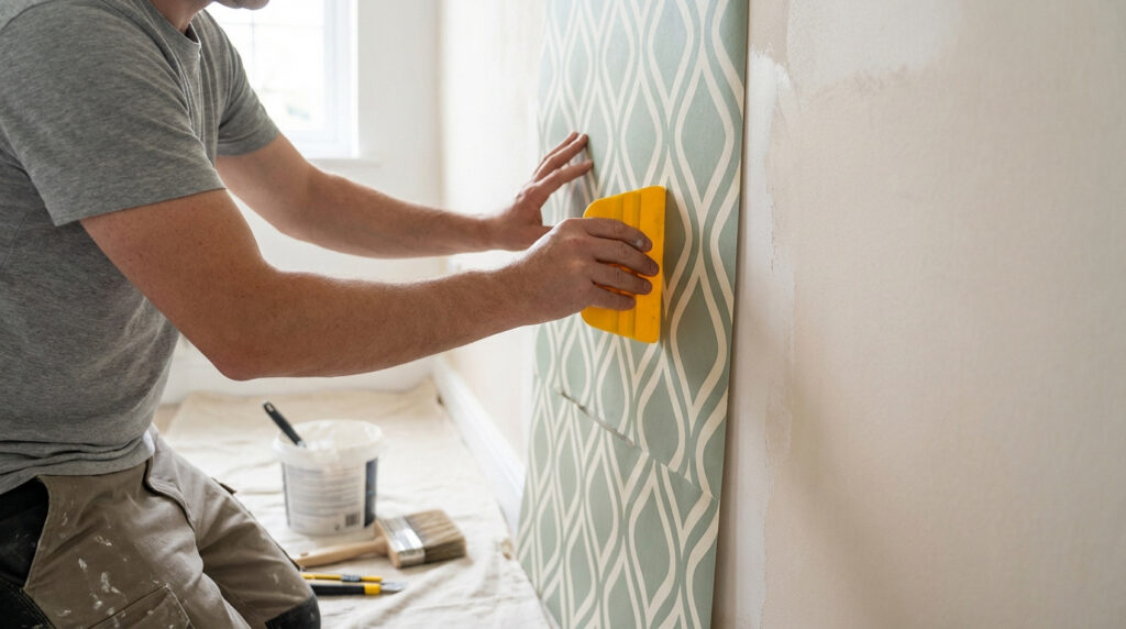 Personne pose papier peint motifs verts/blancs sur mur peint avec spatule jaune. Matériel de pose (colle, brosse) au sol.