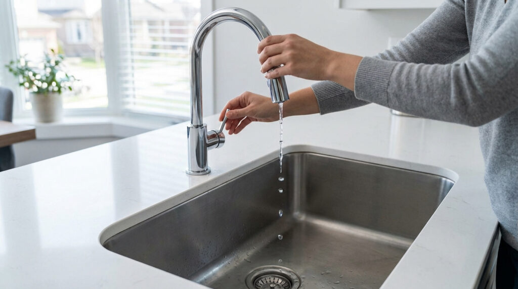 Une personne tient un robinet de cuisine moderne d'où coule un mince filet d'eau dans l'évier, signe de basse pression.