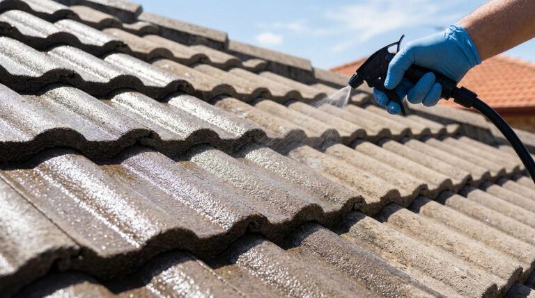 Une main gantée de bleu pulvérise un produit d'entretien sur des tuiles de toit en béton, sous un ciel bleu dégagé.
