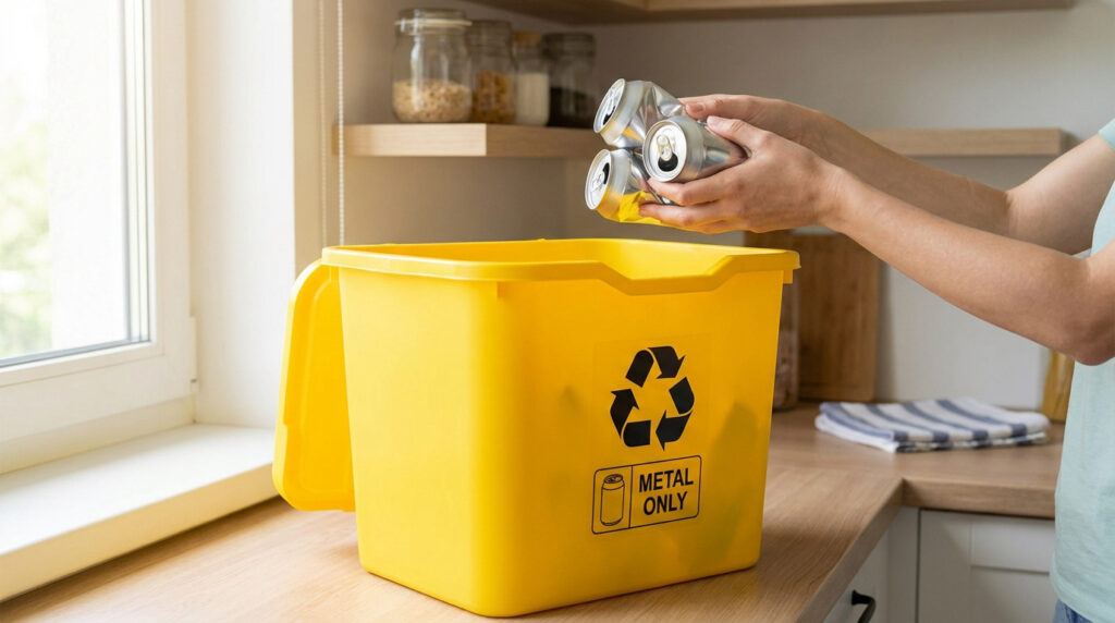 Mains jetant des canettes en aluminium écrasées dans une poubelle jaune de recyclage "METAL ONLY" dans une cuisine claire.