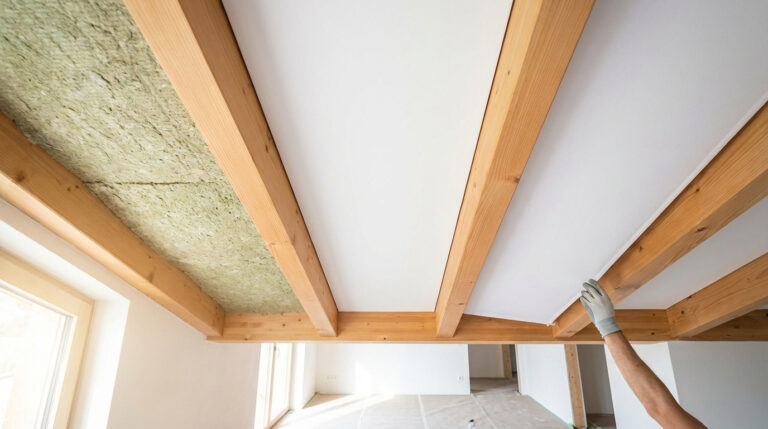 Main installant des panneaux blancs entre des poutres en bois apparentes avec isolation thermique verte au plafond d'une pièce.
