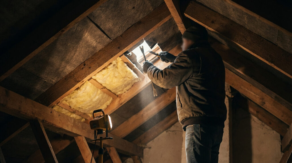 Un ouvrier dans un grenier sombre remplace une tuile par l'intérieur. Lumière et poussière traversent l'ouverture du toit.