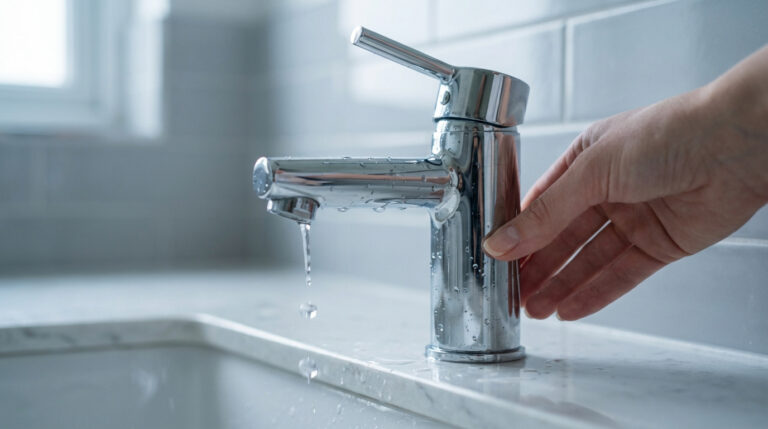 Main d'une personne ajustant un mitigeur de lavabo chromé d'où s'écoulent des gouttes d'eau, sur un comptoir clair.