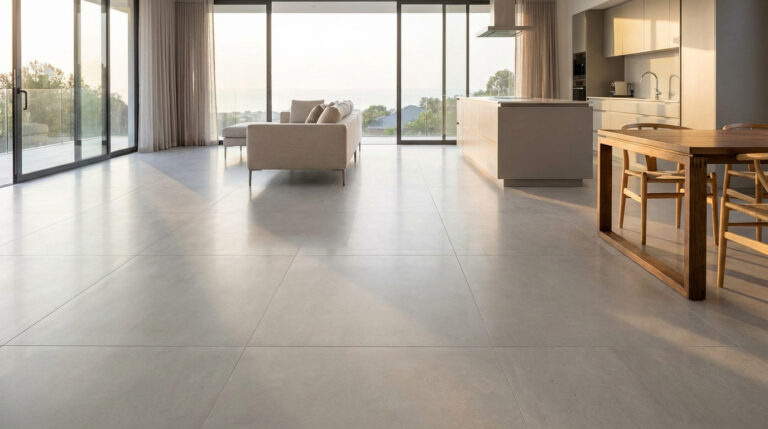 Vue d'un grand salon/cuisine ouvert avec carrelage rectifié clair, baies vitrées et mobilier moderne.