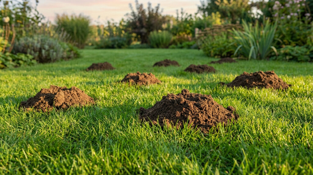 Plusieurs taupinières fraîches sur une pelouse verte et ensoleillée, avec des arbustes flous en arrière-plan.