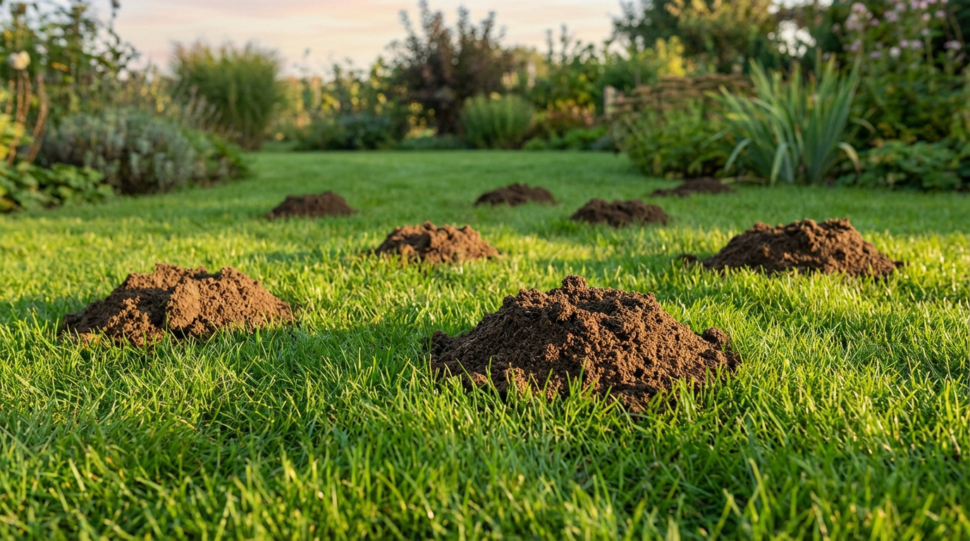 Plusieurs taupinières fraîches sur une pelouse verte et ensoleillée, avec des arbustes flous en arrière-plan.