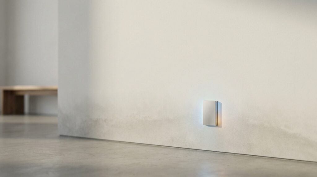 Dispositif discret sur mur blanc avec taches d'humidité au bas et sol en béton. Un banc en bois est visible en arrière-plan.